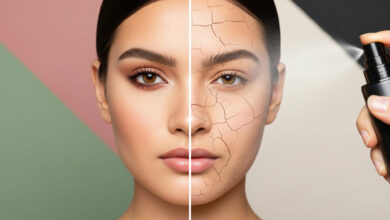 A close-up of a woman's face, split down the middle to demonstrate the effect of a hydrating setting spray. The left side of her face features smooth, flawless makeup, while the right side shows dry, cracked, and cakey makeup. A hand holds a black bottle on the right, spraying a fine mist onto the cracked makeup to rehydrate it. The background is made of color blocks of dusty rose, sage green, cream, and charcoal.