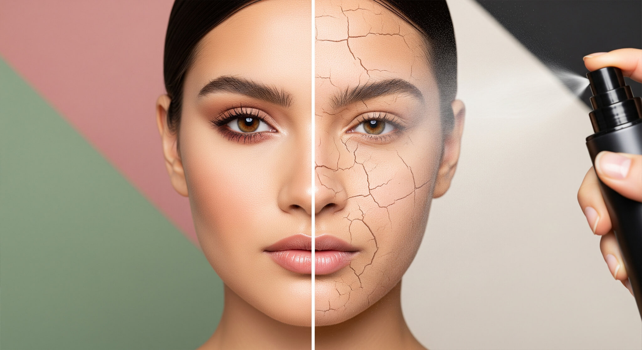 A close-up of a woman's face, split down the middle to demonstrate the effect of a hydrating setting spray. The left side of her face features smooth, flawless makeup, while the right side shows dry, cracked, and cakey makeup. A hand holds a black bottle on the right, spraying a fine mist onto the cracked makeup to rehydrate it. The background is made of color blocks of dusty rose, sage green, cream, and charcoal.