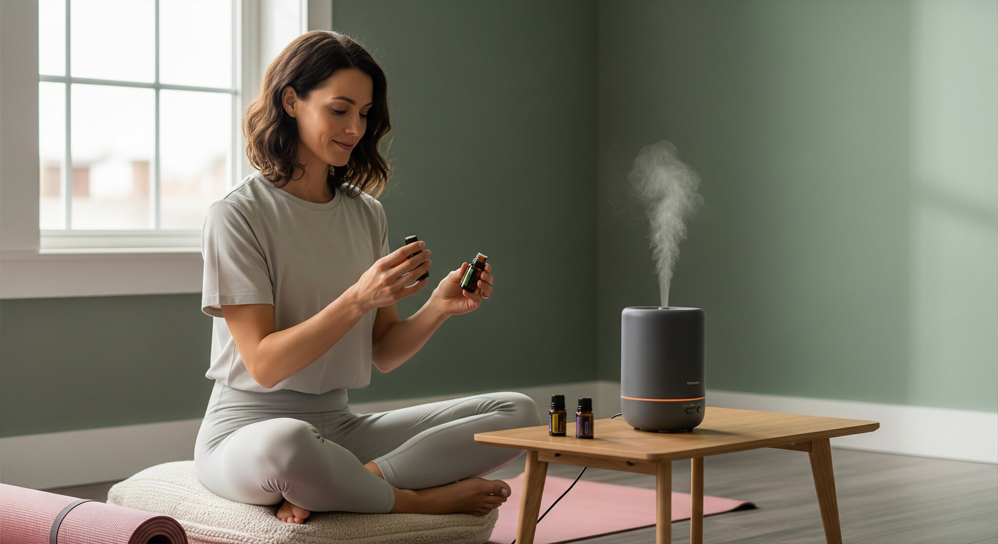 A 'famous yoga influencer' sits in a peaceful meditation space, preparing her 'favorite essential oil blend.' She mindfully holds two essential oil bottles in front of a charcoal diffuser in a room with Sage Green walls and a Dusty Rose yoga mat. This image is from a 'beginner's guide to aromatherapy' for 'stress, sleep, and focus'.