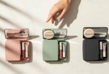 image of three open makeup touch-up kits in dusty rose, sage green, and charcoal, arranged in a row on a cream-colored marble surface. Each kit contains a powder puff, a lip gloss, and other small items. A woman's hand is seen hovering over the kits, as if thoughtfully choosing one.
