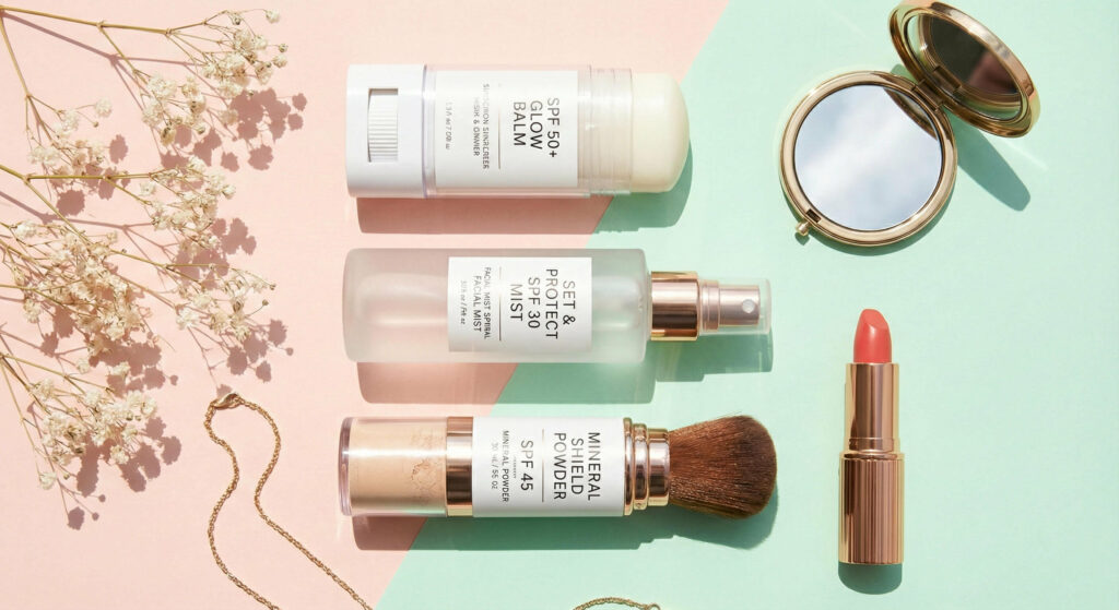 Flatlay of makeup-friendly sunscreen products including SPF spray, powder brush, and stick.