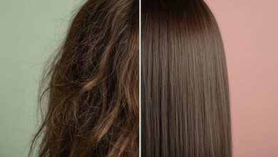 A complete scientific guide on how to get rid of frizzy hair, shown as a split image comparing unruly, frizzy hair on the left against smooth, sleek, and frizz-free hair on the right.