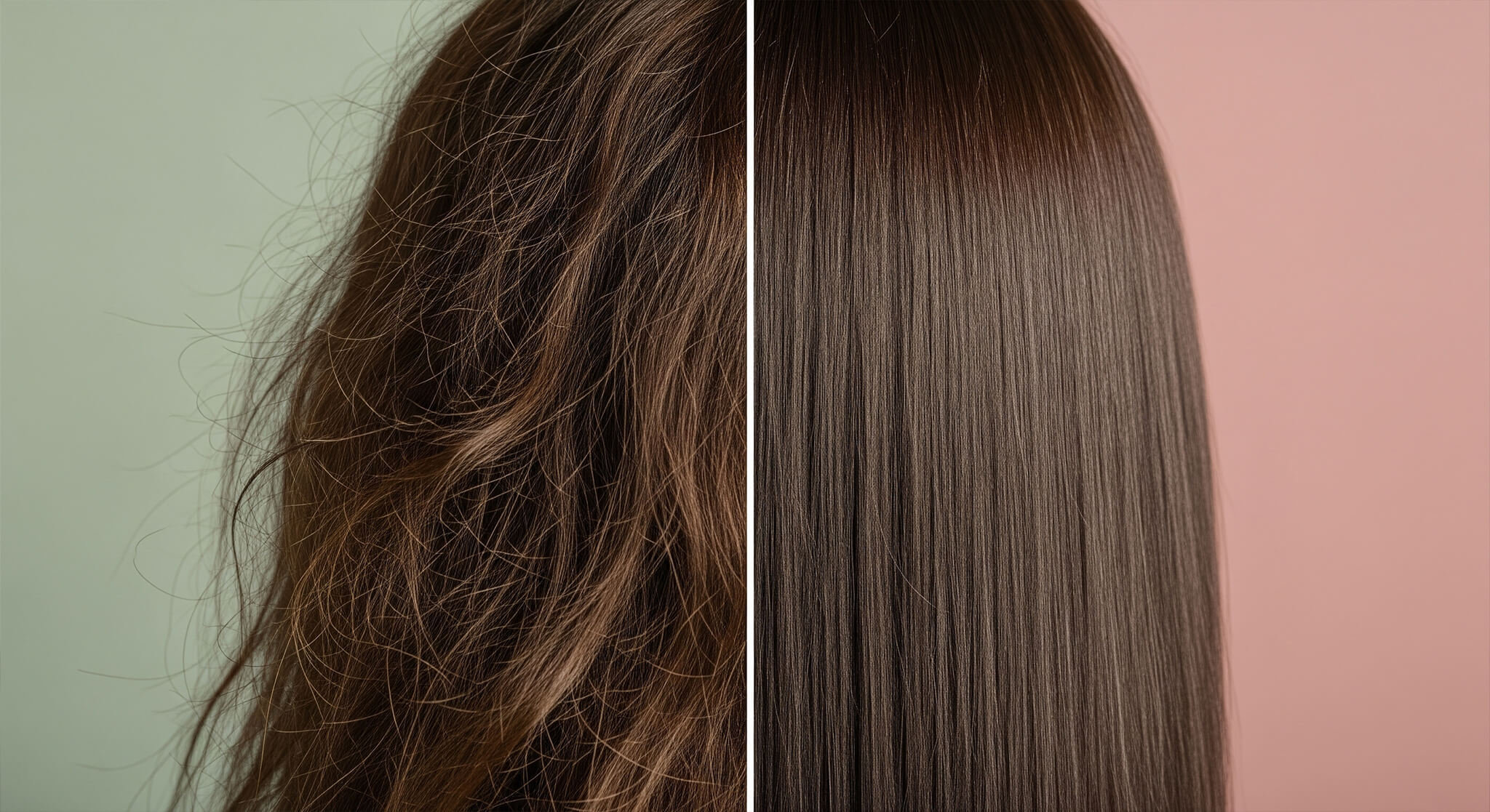 A complete scientific guide on how to get rid of frizzy hair, shown as a split image comparing unruly, frizzy hair on the left against smooth, sleek, and frizz-free hair on the right.