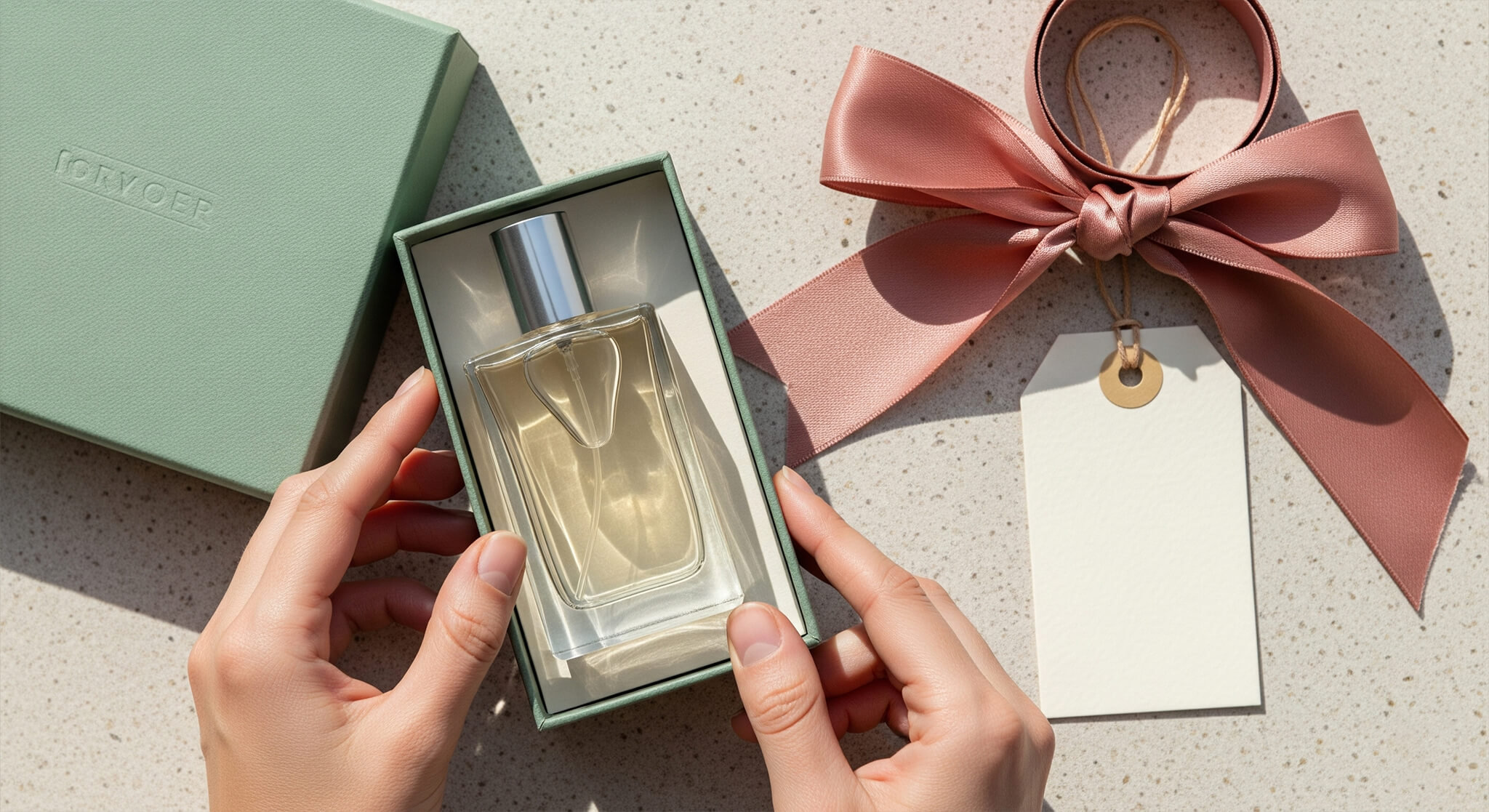 A complete buying guide on how to choose perfume as a gift, shown as a flat-lay of hands placing a perfume bottle into a sage green gift box with a dusty rose ribbon and tag.