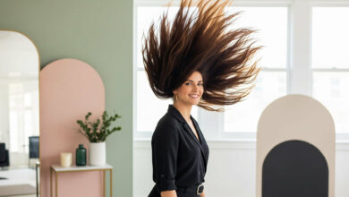 A vibrant image demonstrating how to get thicker and more voluminous hair, featuring a smiling woman with her long, dark hair dramatically tossed upwards, creating an impression of extreme volume. The background is a salon-like setting with sage green and dusty rose accents.