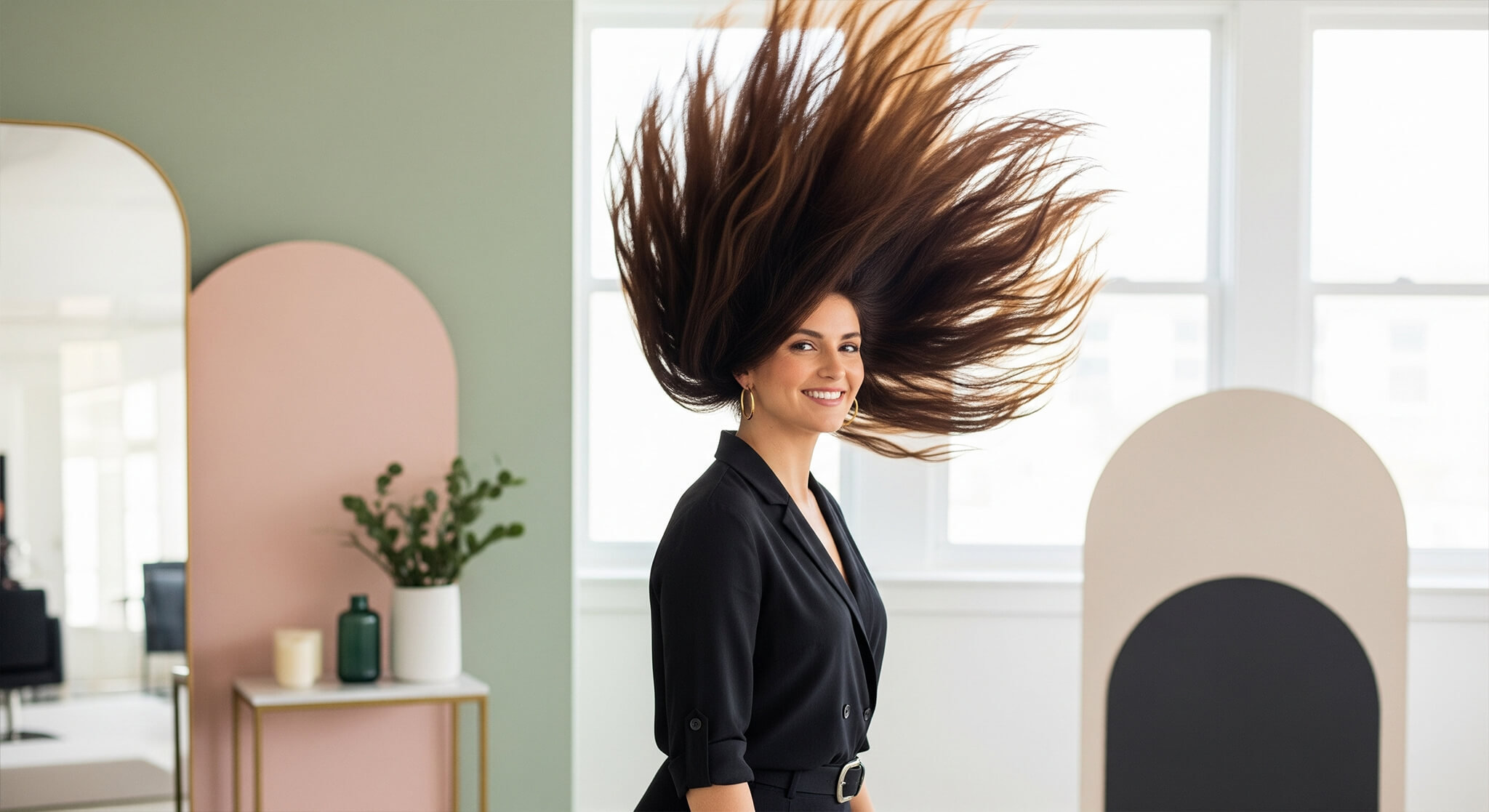 A vibrant image demonstrating how to get thicker and more voluminous hair, featuring a smiling woman with her long, dark hair dramatically tossed upwards, creating an impression of extreme volume. The background is a salon-like setting with sage green and dusty rose accents.