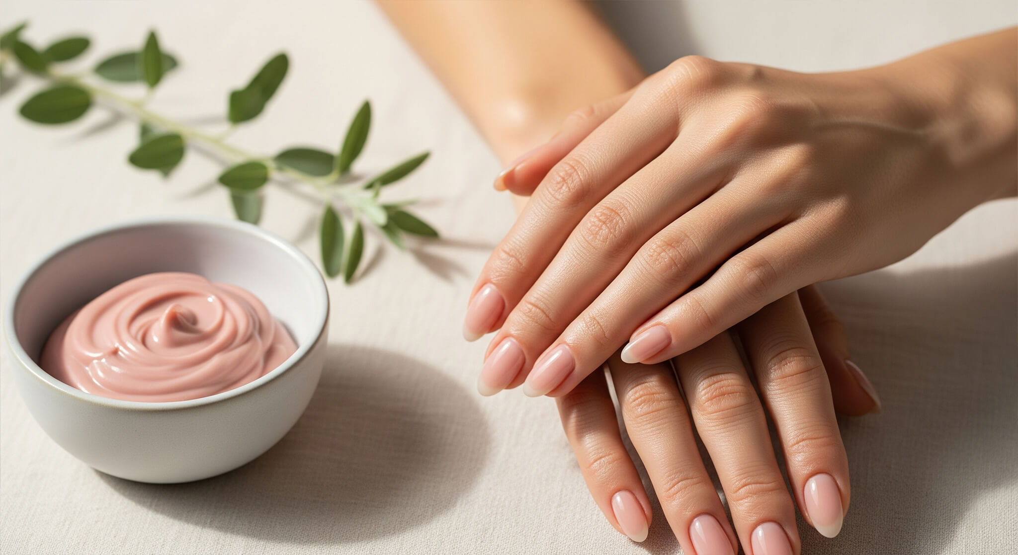 The ultimate guide to youthful hands and strong, healthy nails, featuring a close-up of a woman's beautifully manicured hands next to a bowl of dusty rose hand cream and a green sprig.