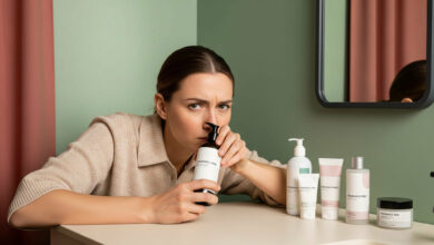 mage of a woman in a cream-colored sweater, leaning over a bathroom counter and suspiciously sniffing a bottle of "fragrance-free" product. Her brow is furrowed in concentration. On the counter, there is a lineup of other minimalist, unbranded "fragrance-free" products. The bathroom has a modern aesthetic with a sage green wall, a charcoal-framed mirror, and a dusty rose shower curtain in the background.