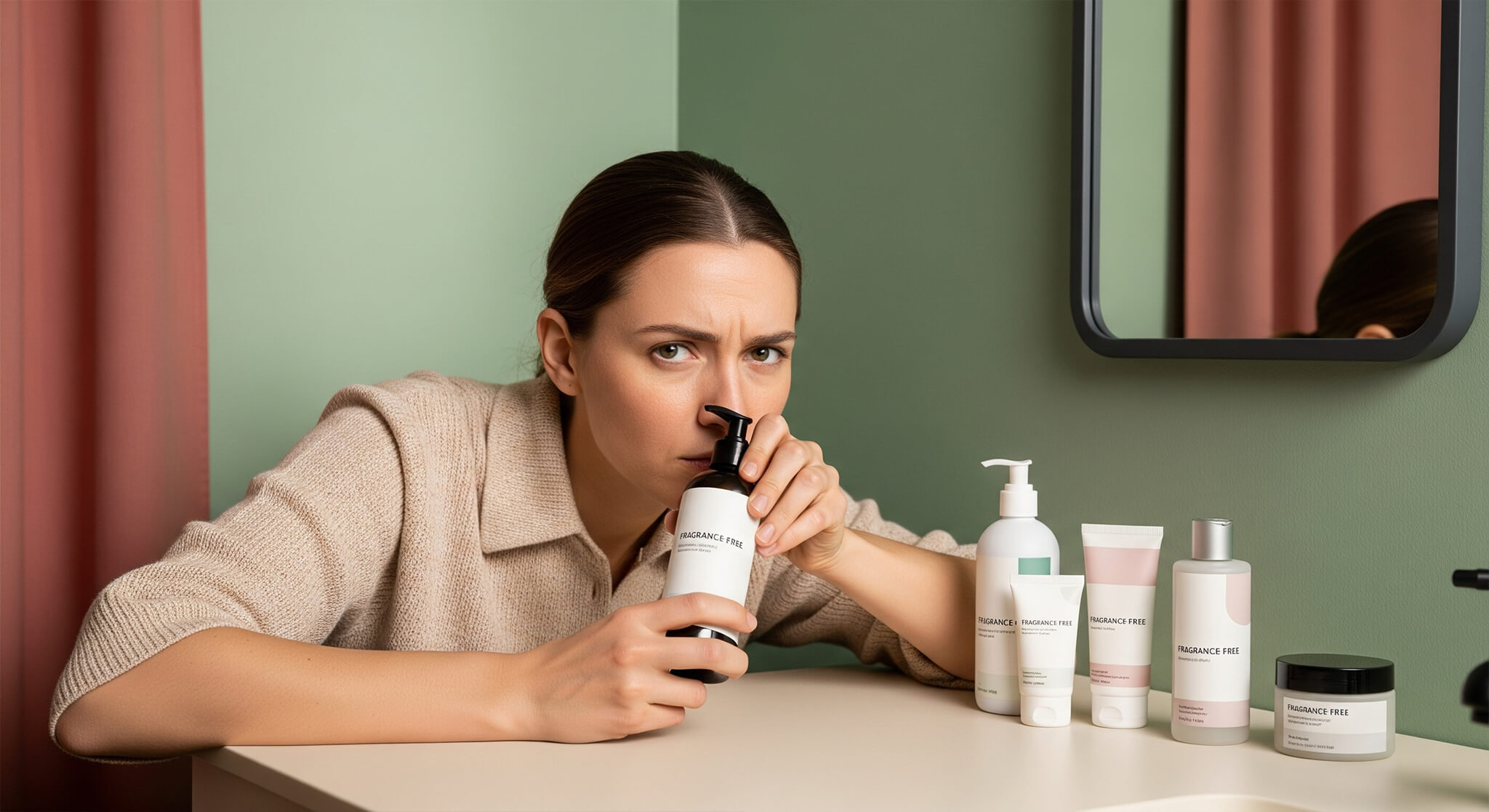 mage of a woman in a cream-colored sweater, leaning over a bathroom counter and suspiciously sniffing a bottle of "fragrance-free" product. Her brow is furrowed in concentration. On the counter, there is a lineup of other minimalist, unbranded "fragrance-free" products. The bathroom has a modern aesthetic with a sage green wall, a charcoal-framed mirror, and a dusty rose shower curtain in the background.