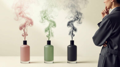 Woman contemplates fragrance sillage from three perfume bottles (dusty rose, sage green, charcoal) emitting colored smoke, representing scent concentration and projection.