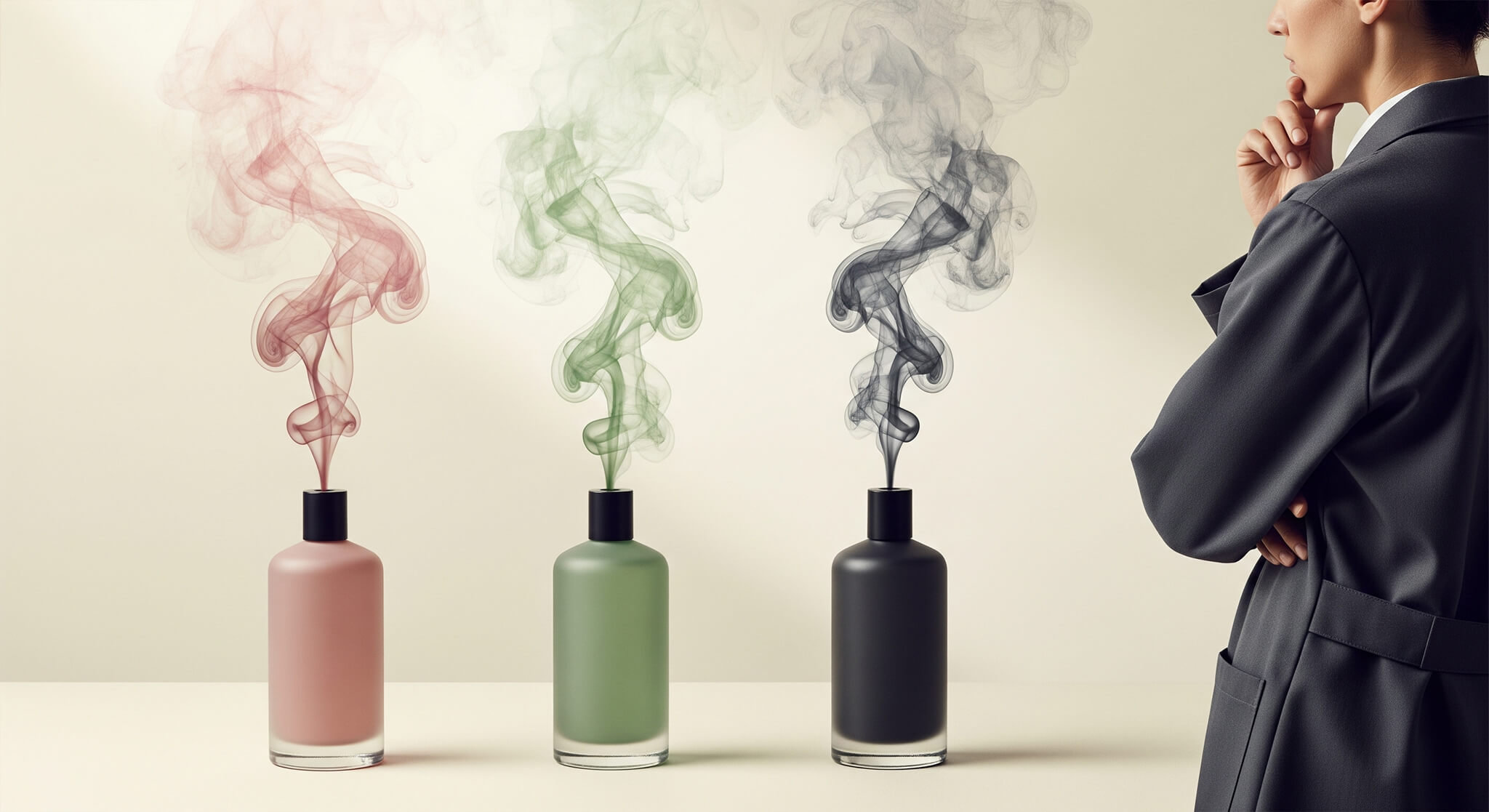 Woman contemplates fragrance sillage from three perfume bottles (dusty rose, sage green, charcoal) emitting colored smoke, representing scent concentration and projection.