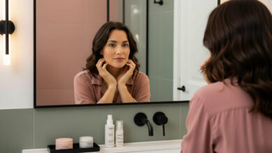 A young woman in silk pajamas looks at her reflection in the bathroom mirror, gently touching her face. Skincare products are visible on the counter. The bathroom features dusty rose and sage green tiles