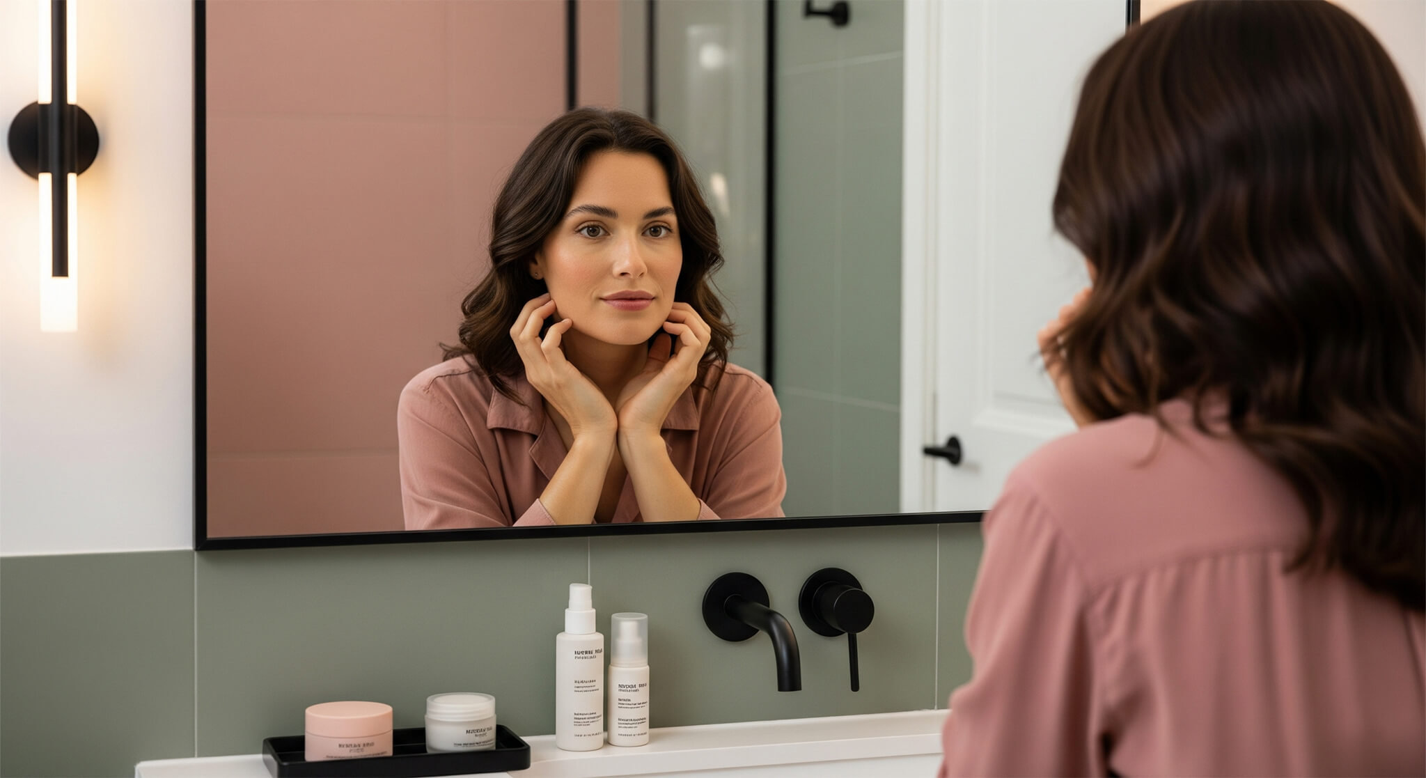 A young woman in silk pajamas looks at her reflection in the bathroom mirror, gently touching her face. Skincare products are visible on the counter. The bathroom features dusty rose and sage green tiles