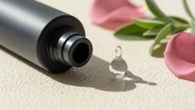 Alt Text: A close-up of a cosmetic bottle with a single clear droplet, representing hyaluronic acid, illustrating how makeup products containing this ingredient can hydrate mature skin, as discussed in the ultimate makeup guide for women over 35.