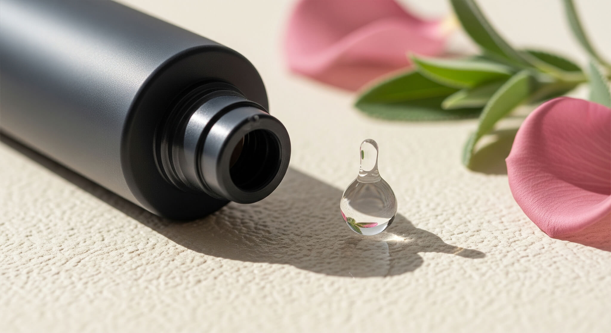 Alt Text: A close-up of a cosmetic bottle with a single clear droplet, representing hyaluronic acid, illustrating how makeup products containing this ingredient can hydrate mature skin, as discussed in the ultimate makeup guide for women over 35.