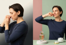 showing a method for making Eau de Toilette last longer. On the left, a person with a disappointed expression smells their wrist against a cream and charcoal background. On the right, the same person smells their wrist with a happy and confident expression against a dusty rose and sage green background. Next to them is a bottle of perfume and a jar of moisturizer, suggesting that moisturizing before applying perfume is the key to longevity.