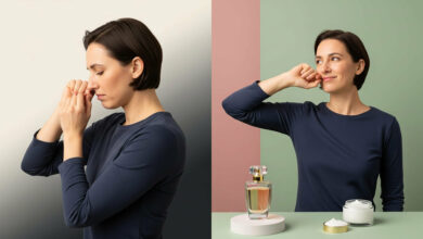 showing a method for making Eau de Toilette last longer. On the left, a person with a disappointed expression smells their wrist against a cream and charcoal background. On the right, the same person smells their wrist with a happy and confident expression against a dusty rose and sage green background. Next to them is a bottle of perfume and a jar of moisturizer, suggesting that moisturizing before applying perfume is the key to longevity.