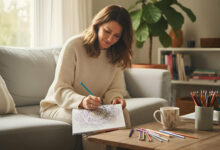 A relaxed woman coloring in a detailed adult coloring book with colored pencils on a wooden table, demonstrating an effective anti-stress activity.