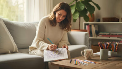 A relaxed woman coloring in a detailed adult coloring book with colored pencils on a wooden table, demonstrating an effective anti-stress activity.