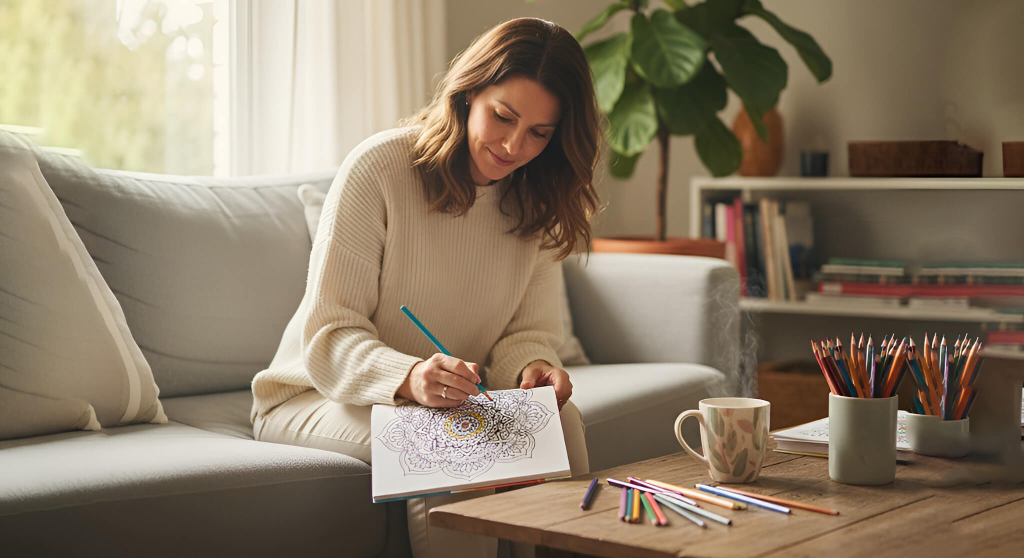 A relaxed woman coloring in a detailed adult coloring book with colored pencils on a wooden table, demonstrating an effective anti-stress activity.
