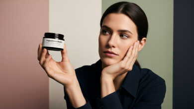 A photorealistic image of a woman in a charcoal shirt holding a jar of Augustinus Bader cream. She has a thoughtful and questioning expression, resting her cheek on one hand while closely inspecting the jar. The background is composed of modern color blocks in dusty rose, sage green, and cream.