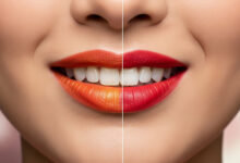 A split-screen close-up showing the 'best lipstick shades that make your teeth look whiter on camera.' The left side shows a warm, orange-red lipstick making teeth appear yellow, while the right side shows a cool, blue-based red lipstick making teeth look whiter. This is a key tip for 'the ultimate 10-minute makeup routine for Zoom & video calls'.