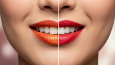 A split-screen close-up showing the 'best lipstick shades that make your teeth look whiter on camera.' The left side shows a warm, orange-red lipstick making teeth appear yellow, while the right side shows a cool, blue-based red lipstick making teeth look whiter. This is a key tip for 'the ultimate 10-minute makeup routine for Zoom & video calls'.