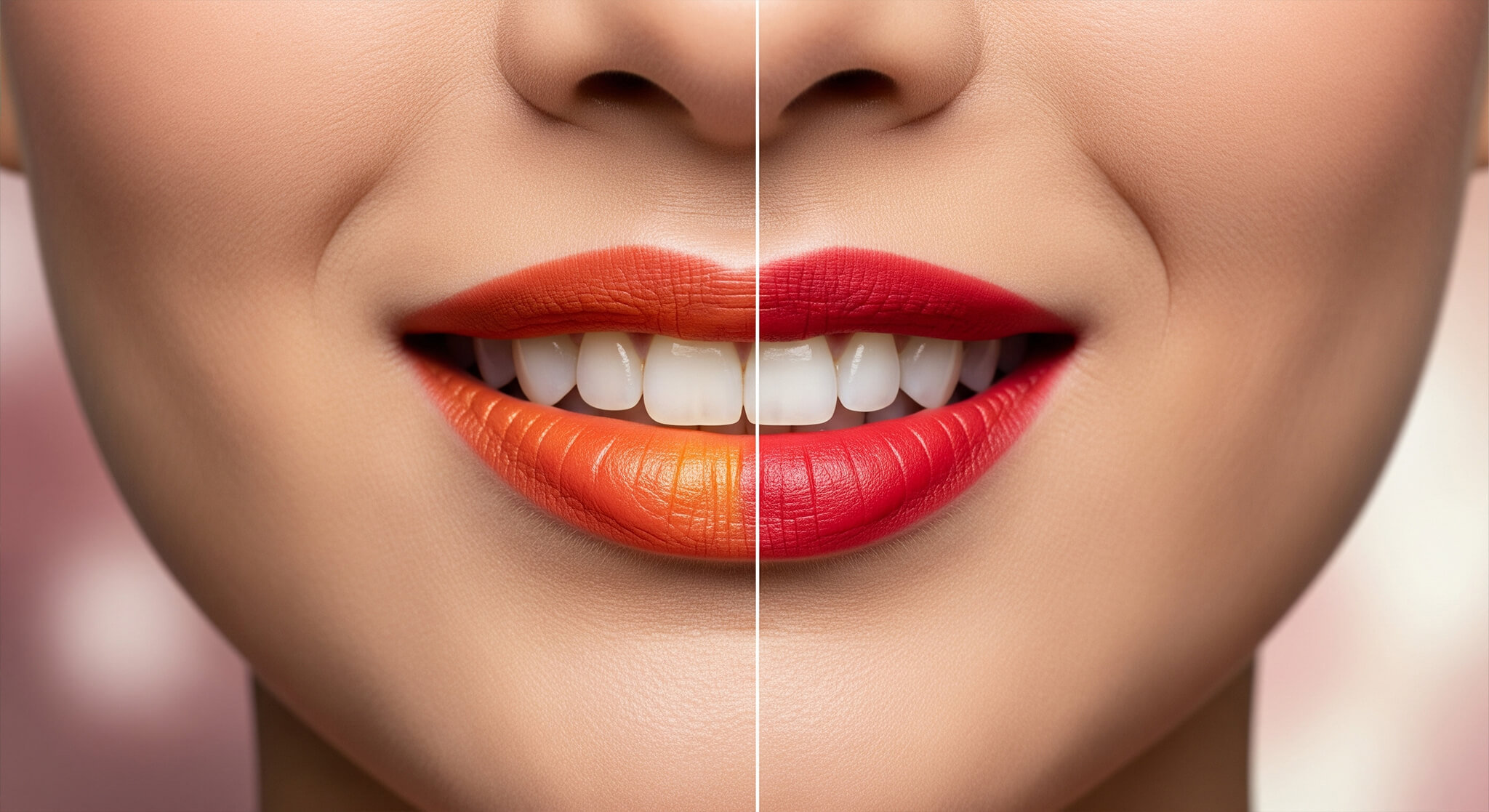 A split-screen close-up showing the 'best lipstick shades that make your teeth look whiter on camera.' The left side shows a warm, orange-red lipstick making teeth appear yellow, while the right side shows a cool, blue-based red lipstick making teeth look whiter. This is a key tip for 'the ultimate 10-minute makeup routine for Zoom & video calls'.