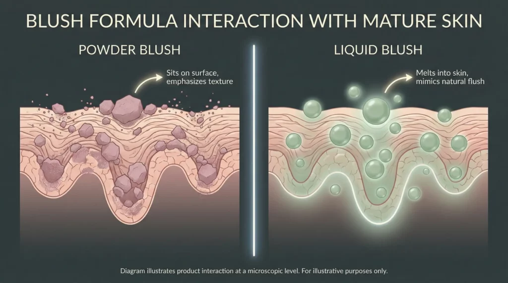 Scientific diagram comparing how powder blush sits on skin texture versus liquid blush melting into the skin.