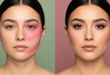 A guide to common makeup mistakes and how to fix them like a pro, presented as a split image. The left side shows a woman with exaggerated and poorly applied blush and contour, while the right side displays her face with perfectly blended and corrected makeup.