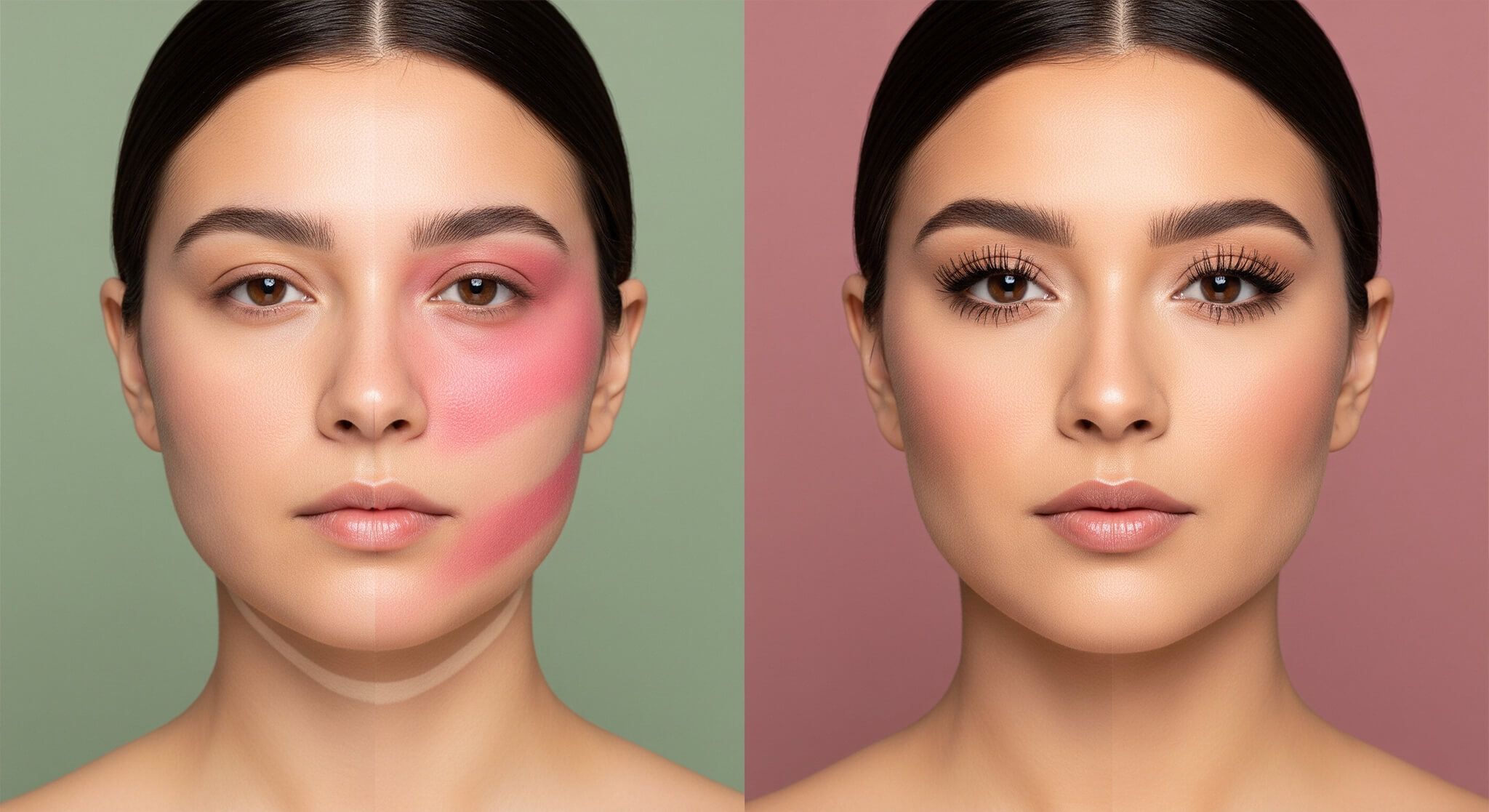 A guide to common makeup mistakes and how to fix them like a pro, presented as a split image. The left side shows a woman with exaggerated and poorly applied blush and contour, while the right side displays her face with perfectly blended and corrected makeup.