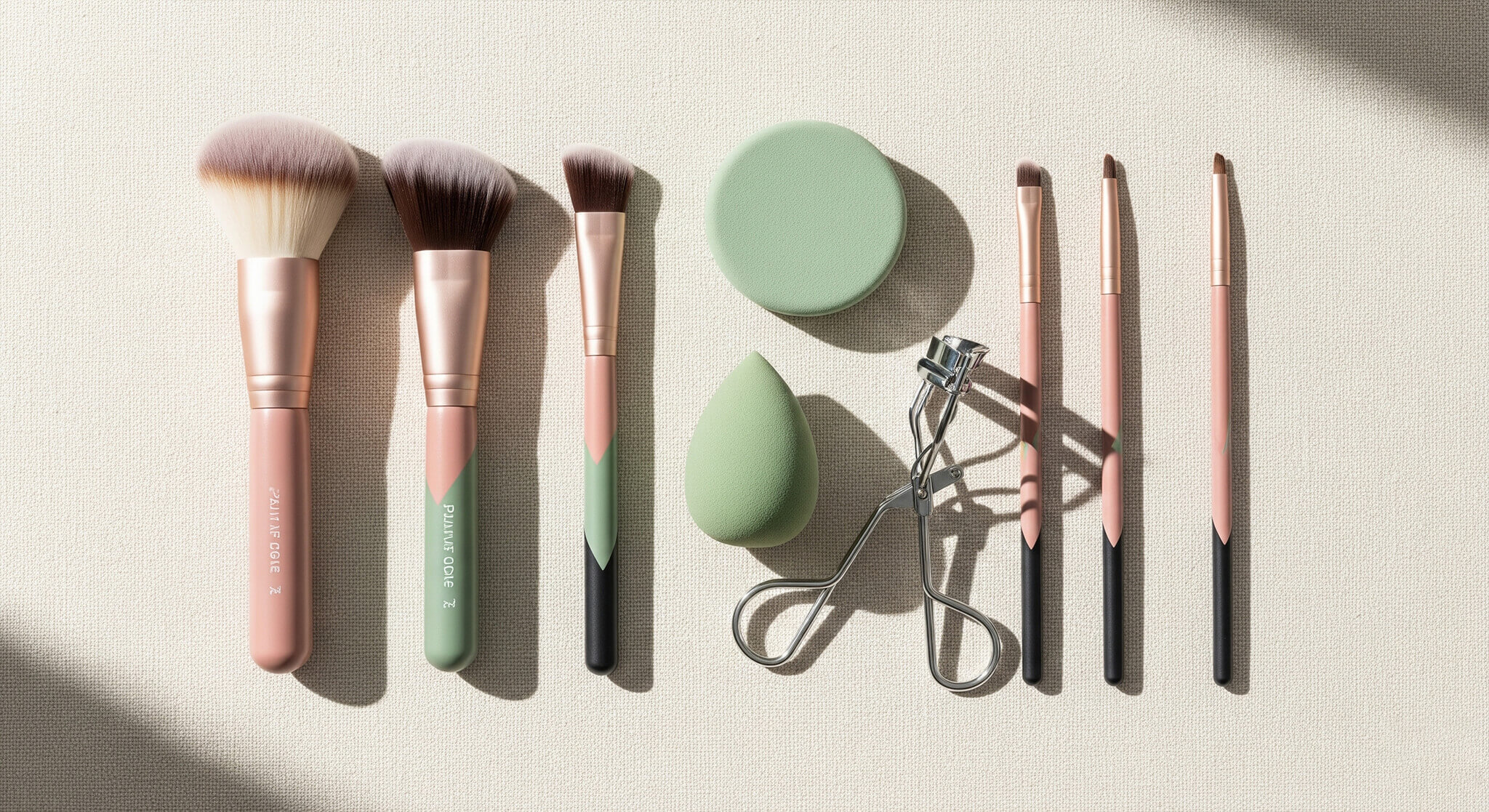 A beginner's guide to makeup brushes, sponges, and tools, illustrated by a flat-lay of various brushes with dusty rose and sage green handles, a green sponge, and an eyelash curler neatly arranged on a cream background.