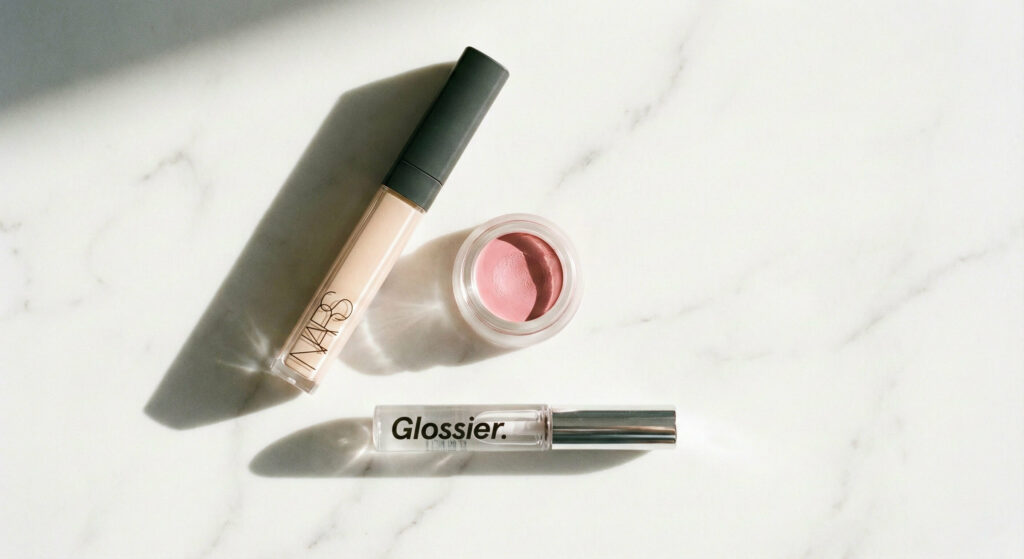 Minimalist flatlay of three essential beauty products: concealer, blush, and brow gel