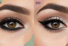 A 'Don't' and 'Do' split image revealing the 'mistake 90% of people make with their eye makeup for the camera.' The 'Don't' side shows harsh, heavy eyeliner, while the 'Do' side shows a bright, open eye, providing a key tip for 'the ultimate 10-minute makeup routine for Zoom & video calls'.