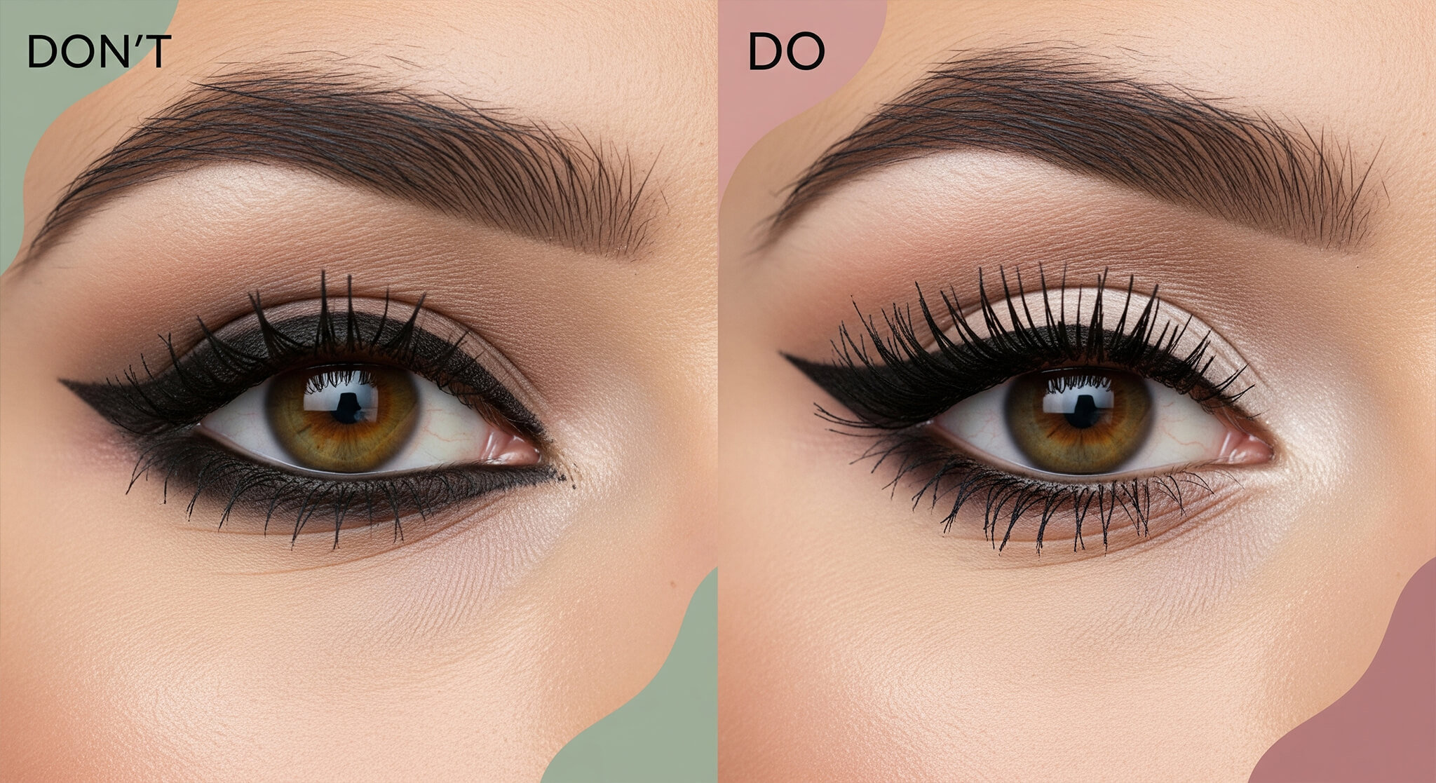 A 'Don't' and 'Do' split image revealing the 'mistake 90% of people make with their eye makeup for the camera.' The 'Don't' side shows harsh, heavy eyeliner, while the 'Do' side shows a bright, open eye, providing a key tip for 'the ultimate 10-minute makeup routine for Zoom & video calls'.