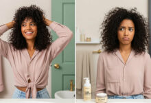 Split image comparing curl cream results. Left: happy woman with defined curls (dusty rose/sage green background). Right: disappointed woman with frizzy hair (cream/charcoal background), showcasing product effectiveness for curly hair.