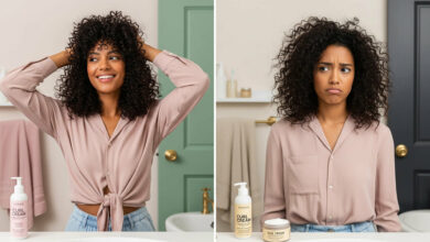 Split image comparing curl cream results. Left: happy woman with defined curls (dusty rose/sage green background). Right: disappointed woman with frizzy hair (cream/charcoal background), showcasing product effectiveness for curly hair.