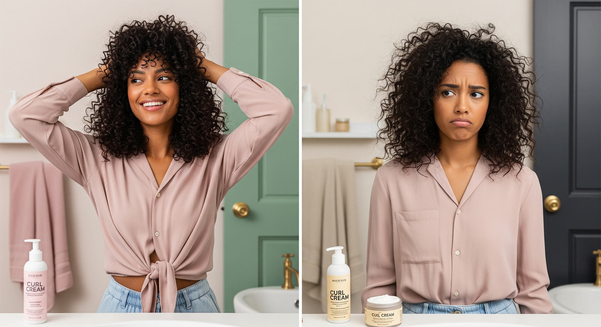 Split image comparing curl cream results. Left: happy woman with defined curls (dusty rose/sage green background). Right: disappointed woman with frizzy hair (cream/charcoal background), showcasing product effectiveness for curly hair.