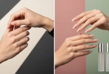 showing a "before" and "after" of using a nail growth serum. On the left, a pair of hands with short, unmanicured nails is held in a posture of disappointment against a cream and charcoal background. On the right, the same hands, now with long, healthy, and manicured nails, are held in a graceful, confident pose against a dusty rose and sage green background. Three small, elegant bottles of nail serum are shown in the corner.