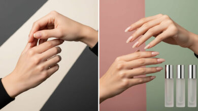 showing a "before" and "after" of using a nail growth serum. On the left, a pair of hands with short, unmanicured nails is held in a posture of disappointment against a cream and charcoal background. On the right, the same hands, now with long, healthy, and manicured nails, are held in a graceful, confident pose against a dusty rose and sage green background. Three small, elegant bottles of nail serum are shown in the corner.