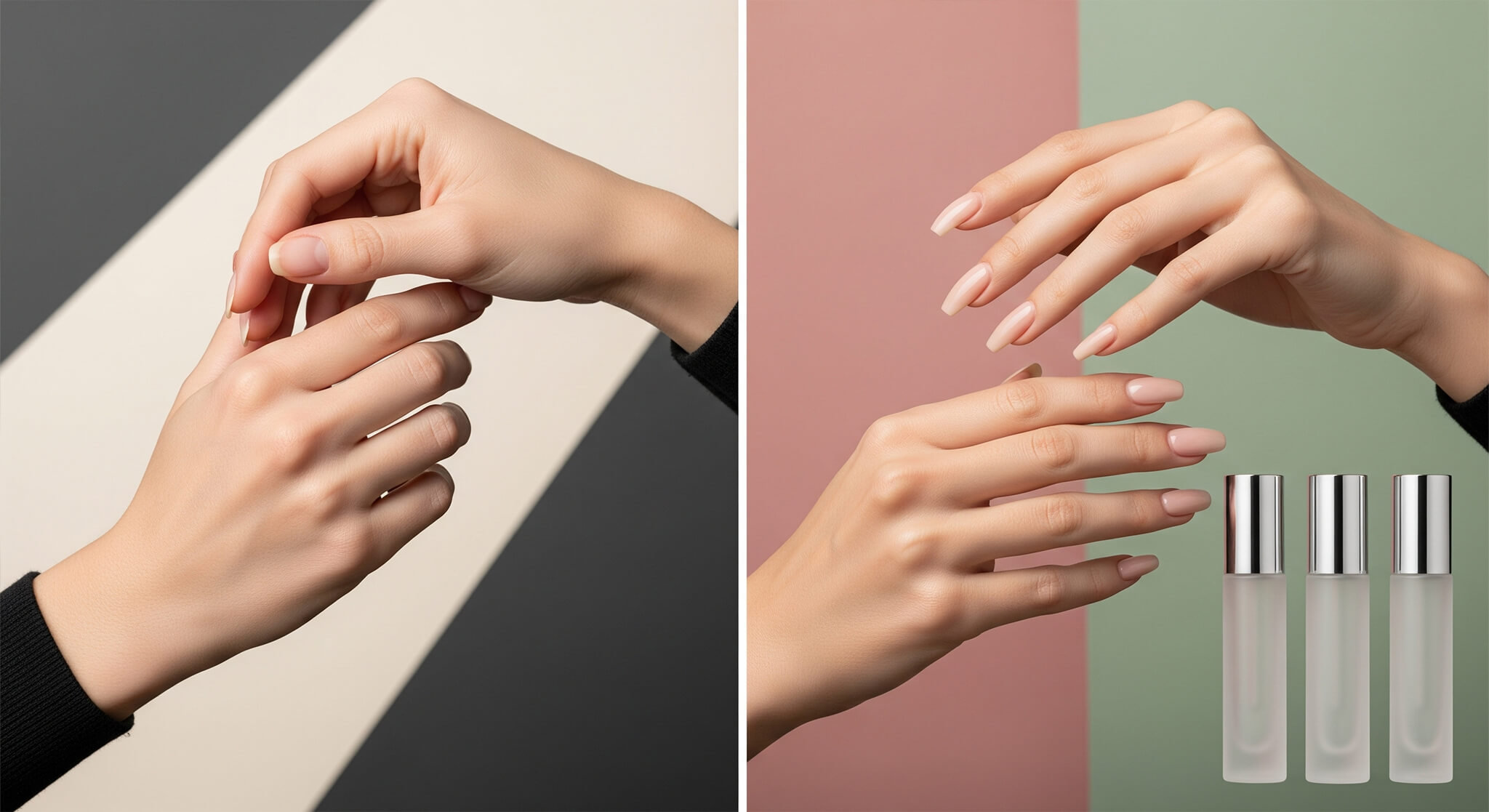 showing a "before" and "after" of using a nail growth serum. On the left, a pair of hands with short, unmanicured nails is held in a posture of disappointment against a cream and charcoal background. On the right, the same hands, now with long, healthy, and manicured nails, are held in a graceful, confident pose against a dusty rose and sage green background. Three small, elegant bottles of nail serum are shown in the corner.