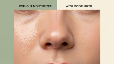 A split-screen image busting the 'myth that oily skin doesn't need a moisturizer.' The 'Without Moisturizer' side shows shiny yet dehydrated skin, while the 'With Moisturizer' side shows balanced, hydrated skin. This visual is from 'a guide to adult acne' to help people understand why they are still breaking out.