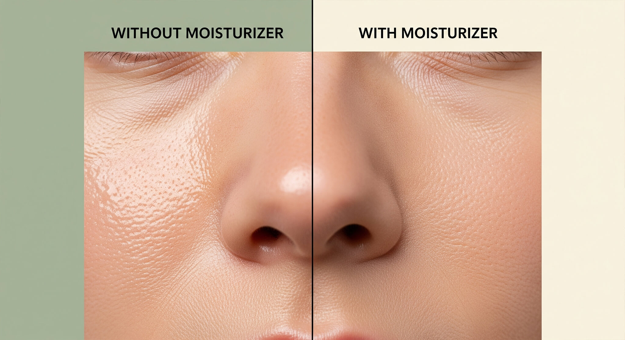 A split-screen image busting the 'myth that oily skin doesn't need a moisturizer.' The 'Without Moisturizer' side shows shiny yet dehydrated skin, while the 'With Moisturizer' side shows balanced, hydrated skin. This visual is from 'a guide to adult acne' to help people understand why they are still breaking out.