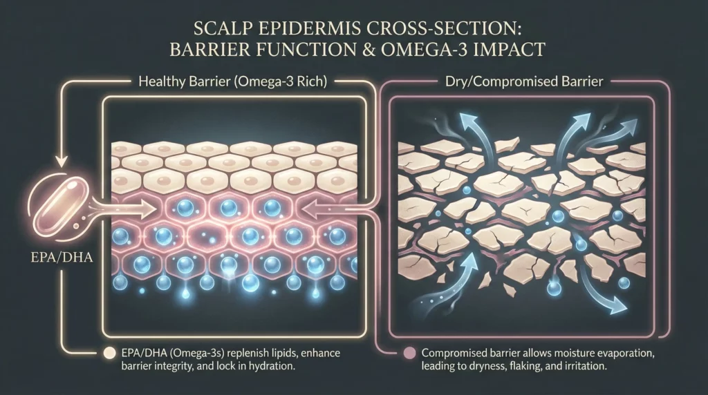 Scientific diagram illustrating how Omega-3 fatty acids build the scalp's lipid barrier to lock in moisture versus a dry, compromised barrier.