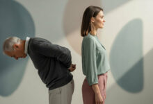 A photorealistic image depicting two individuals against a backdrop of dusty rose, sage green, cream, and charcoal circles. On the left, an older man with gray hair is hunched over, holding his lower back, conveying discomfort and pain. On the right, a younger woman stands tall with perfect posture, facing sideways and looking serene, symbolizing a pain-free life.