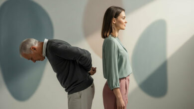A photorealistic image depicting two individuals against a backdrop of dusty rose, sage green, cream, and charcoal circles. On the left, an older man with gray hair is hunched over, holding his lower back, conveying discomfort and pain. On the right, a younger woman stands tall with perfect posture, facing sideways and looking serene, symbolizing a pain-free life.
