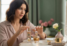 A woman with a worried expression holds two perfume bottles, contemplating a 'new perfume combination' with the 'fear it will smell weird.' The Dusty Rose and Sage Green background complements the context of 'how to layer perfumes to create a signature scent'.