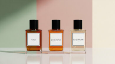 A guide explaining perfume concentrations, showing three bottles labeled Parfum, EDP, and EDT, with varying liquid color intensity to illustrate the difference between Parfum vs EDP vs EDT.