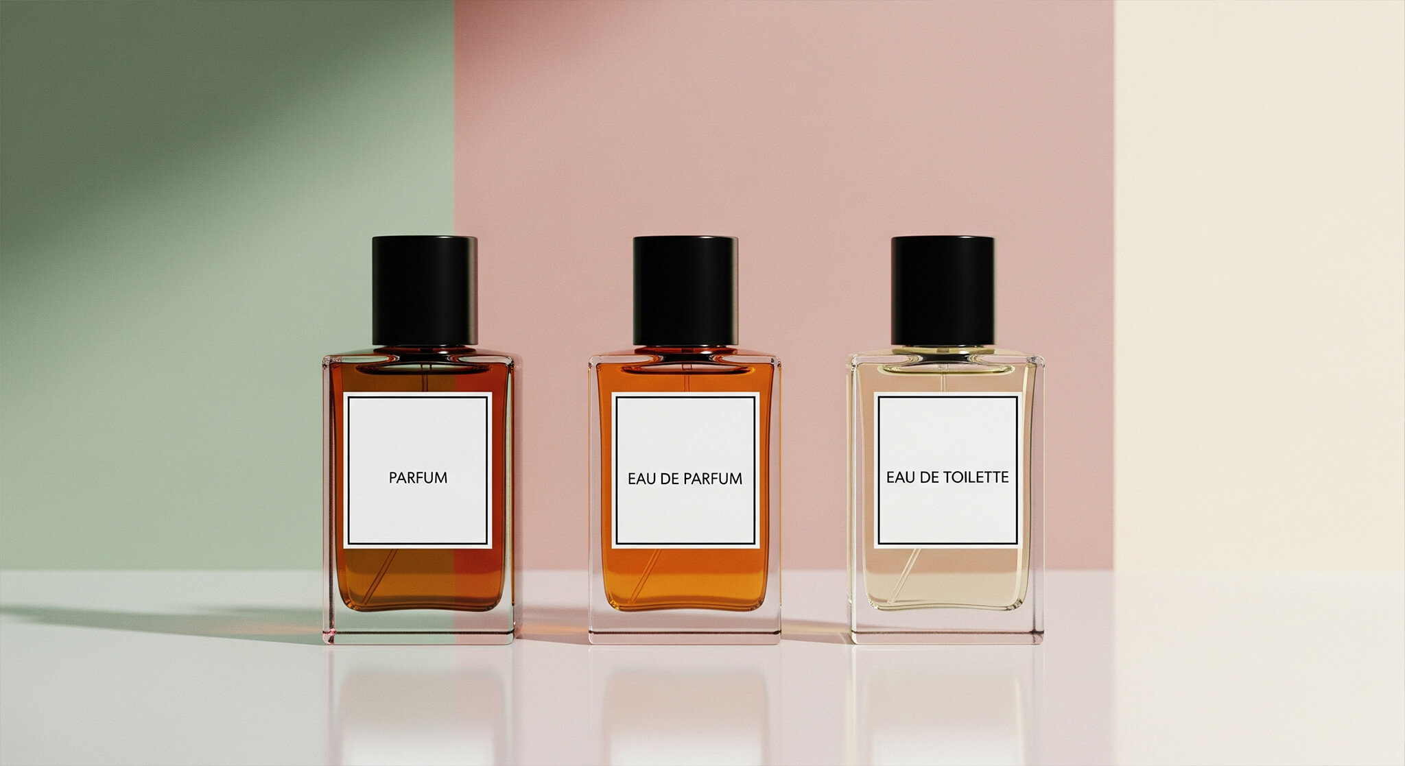 A guide explaining perfume concentrations, showing three bottles labeled Parfum, EDP, and EDT, with varying liquid color intensity to illustrate the difference between Parfum vs EDP vs EDT.