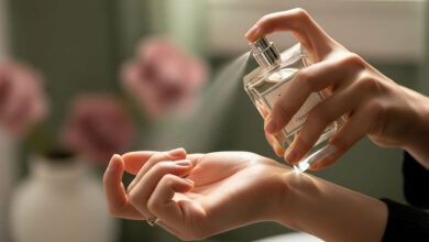 A guide with science-backed tips on how to make perfume last longer, illustrated by a close-up of a woman spraying perfume onto her wrist's pulse point.
